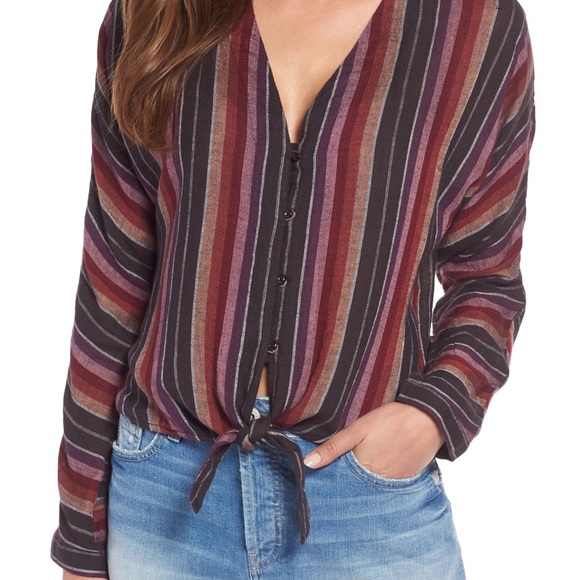 RAILS Striped Linen Blend Tie Front Blouse Top - Picture 5 of 9